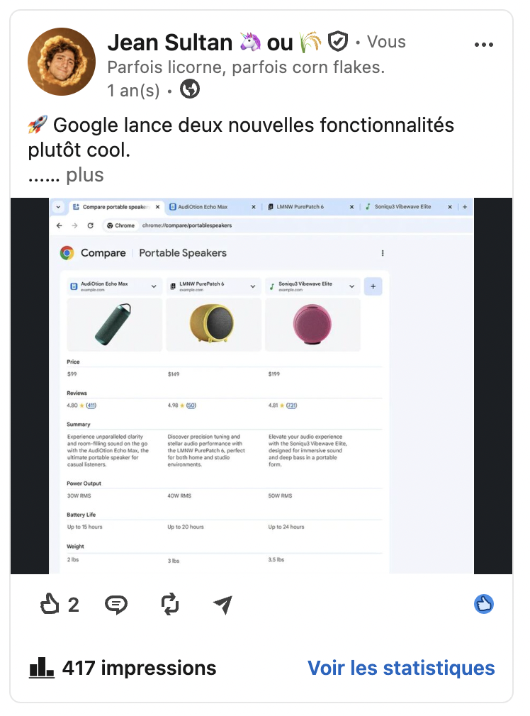 Post LinkedIn sans Trokka avec 417 impressions